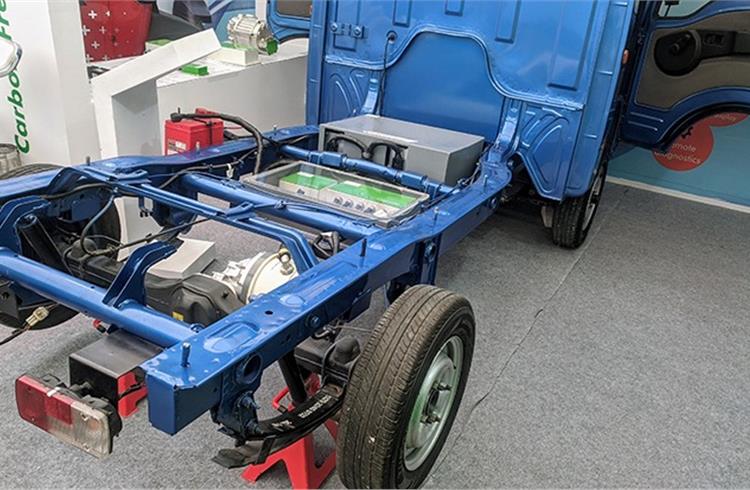 A 17kW electric drivetrain mounted on a Tata Ace chassis. Powerful LCV can carry payloads up to 1.2 tonnes.
