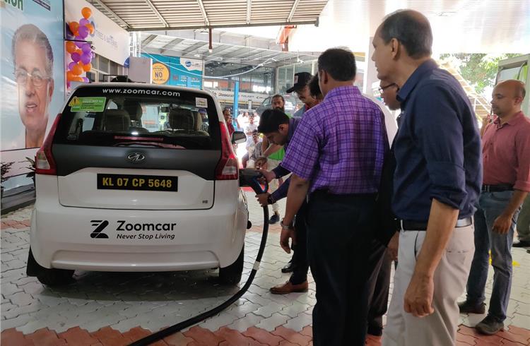 District Collector Ernakulam S Suhas charges an EV at Kerala's first EV charging station at an Indian Oil retail outlet (M/s United Fuels) in Edappally.