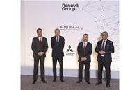Nissan CEO Makoto Uchida, Renault Chairman Jean-Dominique Senard, Mitsubishi CEO Takao Kato and Renault CEO Luca De Meo at a London news conference to unveil their reshaped alliance.
