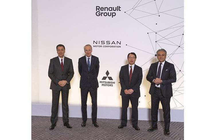 Nissan CEO Makoto Uchida, Renault Chairman Jean-Dominique Senard, Mitsubishi CEO Takao Kato and Renault CEO Luca De Meo at a London news conference to unveil their reshaped alliance.