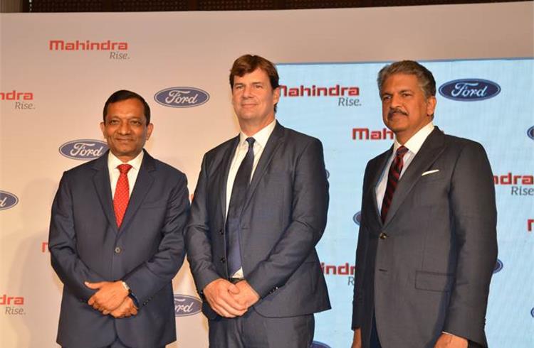 October 1, 2019: L-R: Dr Pawan Goenka, MD, M&M; Jim Farley, President of Ford New Businesses, Technology & Strategy; and Anand Mahindra, Chairman, Mahindra Group, at the JV announcement in Mumbai.