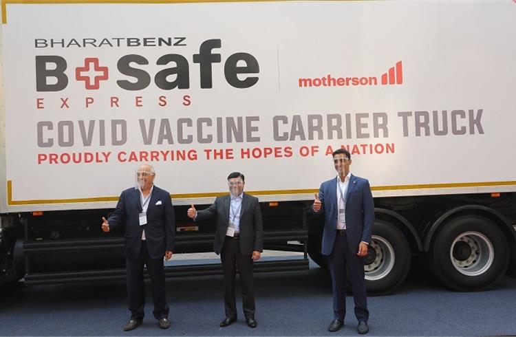 L- R: V C Sehgal, chairman, Motherson Group; Satyakam Arya, CEO and MD, Daimler India Commercial Vehicles and L V Sehgal, vice-chairman, Motherson Group at the launch of reefer trucks. The trucks come with Covid free cabins with infection proof fabric as a standard fitment.