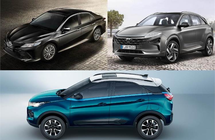 Clockwise, from top left: Toyota Camry Hybrid, Hyundai Nexo fuel cell EV and Tata Nexon EV.