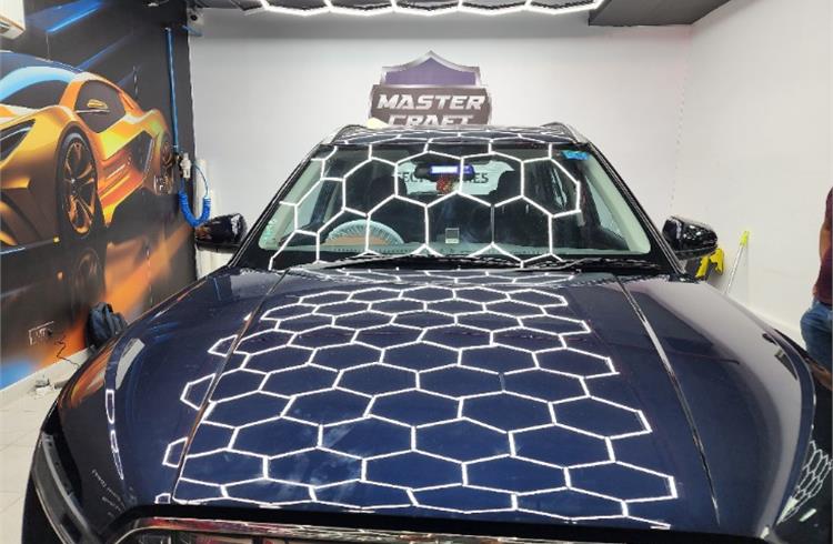 Nippon Paint Master Craft outlet in Gurugram features a vehicle care and detailing area offering services such as PPF application and ceramic coating.