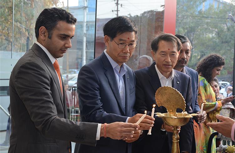 (L-R) Rohan Talwar of Allied Motors, Kookhyun Shim, MD CEO, Yong S Kim, executive director, Manohar Bhat, head sales & marketing of Kia Motors India