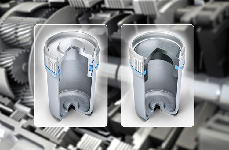 Turning four into one: The new lightweight hydraulic accumulator for dual-clutch transmissions (depicted right) works with a simplified sealing system.