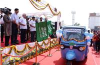 Delhi CM Arvind Kejriwal flagging off Piaggio Apé Electrik under Switch Delhi initiative.