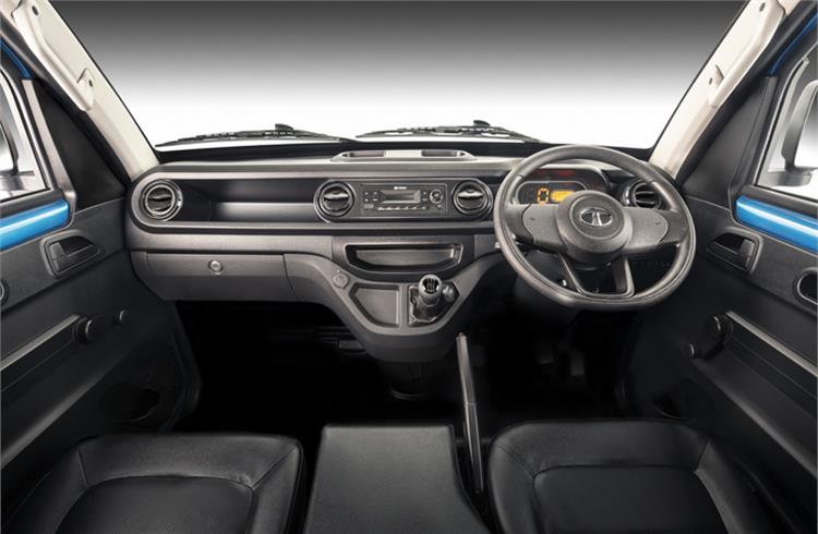 The soon-to-be-launched Tata Intra's cabin. Tata Motors is aiming to bring a car-like experience into the small CV segment, making CV driving a happy experience.