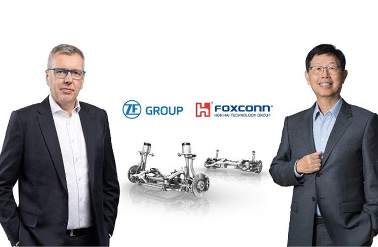 ZF Group CEO Dr. Holger Klein (left) and Young Liu, CEO and Chairman of Hon Hai Technology Group (Foxconn), are pleased to announce the new joint venture.