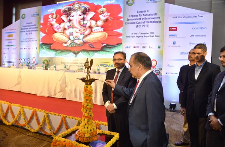 Chief guest Dr SSV Ramakumar, director (R&D), Indian Oil Corporation lights the traditional lamp to inaugurate ECT 2019 in Pune. To his left is ECMA Saeed Alerasool, vice-president, BASF Corp.