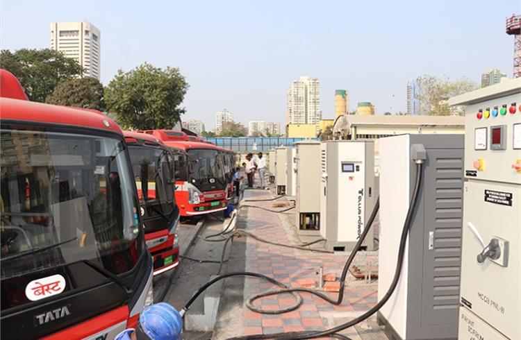 A fleet of Tata Motors electric buses, used by BEST in Mumbai, get the 240kWH charging treatment at a Tata Power station in Backbay Depot.