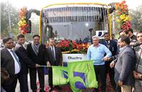 Gahlot flagging off an electric bus. The national capital is set to get 1,000 electric buses with subsidy support from the Centre.