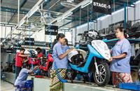 The Ampere Vehicles electric scooter assembly line at the Coimbatore plant. Forty percent of the assembly line personnel are women.