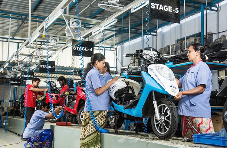 The Ampere Vehicles electric scooter assembly line at the Coimbatore plant. Forty percent of the assembly line personnel are women.