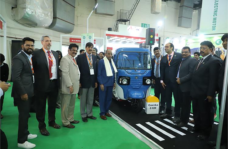 Union Minister Anant Geete unveils e-rickshaw from Goenka Electric Motor Vehicles during the 8th EV Expo 2018 in New Delhi