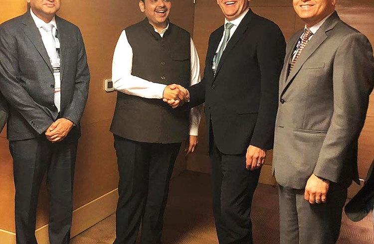 Maharashtra chief minister Devendra Fadnavis and ABB's CEO Ulrich Spiesshofer on the sidelines of NASSCOM Technology & Leadership Forum 2019 in Mumbai. 