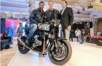 File photo (L-R): Ajinkya Firodia of Motoroyale; Stuart Garner, CEO of Norton Motorcycles; and Andreas Luthe, Development Head, Norton Motorcycles in New Delhi in November 2017.