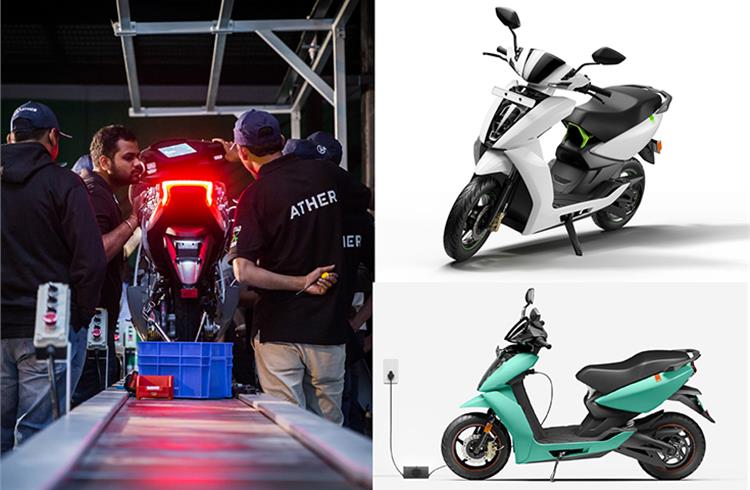 Clockwise from left: An Ather 450 at the assembly line; Ather 450, launched in 2018, has helped shape the 450X, its quicker and smarter sibling. 