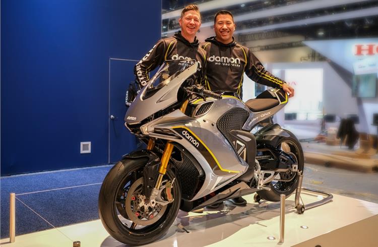 Damon Motorcycle founders Jay Giraud and Dominique Kwong, unveil the Hypersport electric superbike with CoPilot Advanced Warning System at CES 2020.
