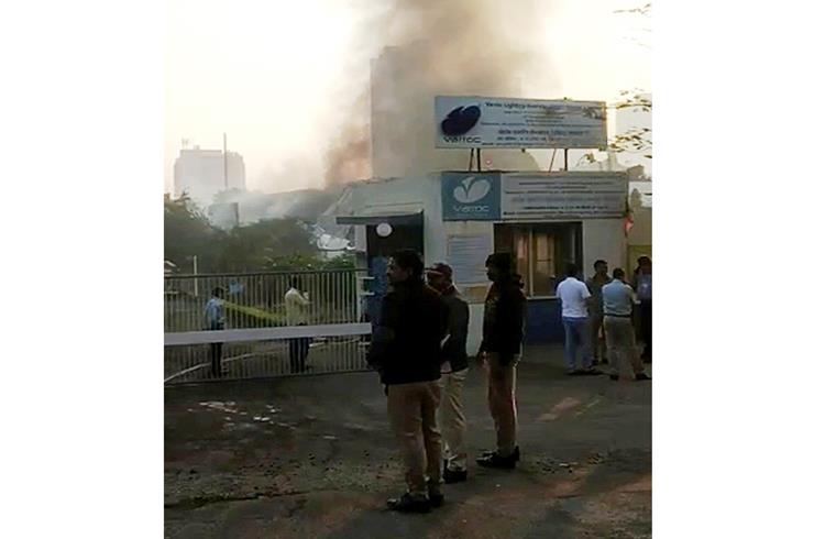 The fire, which erupted at 3.15am today at the Hinjewadi, Pune plant which  manufactures lighting products for four-wheelers, was brought under control  by 5.45am. (Pic from social media)