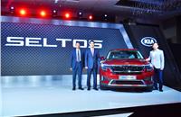 L-R: Manohar Bhat, VP & Head - Sales & Marketing; Kookhyun Shim, MD & CEO, Kia Motors India; and Yong S Kim, Executive Director & CSO, at the launch of the Kia Seltos.