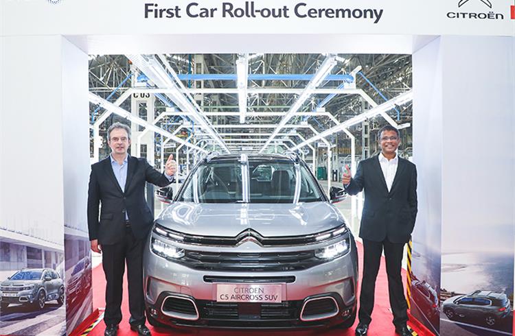 L-R: Eric Apode, Senior Vice-President, Stellantis and Raj Kalyanarajan, Senior Director-Manufacturing, PCA Automobiles India with the new Citroën C5 Aircross SUV.