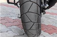 Beefier 150mm MRF rear tyre looks rugged while aiding high-speed stability. 