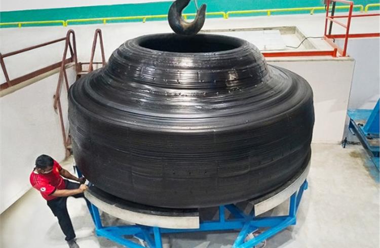 Special machinery had to be installed at BKT’s Bhuj, Gujarat plant to produce this enormous tyre.