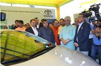 Union Minister for Road Transport and Highways Nitin Gadkari and Vikram Kirloskar, Vikram S Kirloskar, Vice-Chairman, Toyota Kirloskar Motor with the Toyota Corolla Altis FFV-SHEV