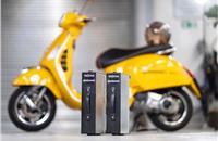 The lightweight and compact 48-volt battery pack delivers 10 kW and a 50km range; it can be removed and quickly charged externally. 