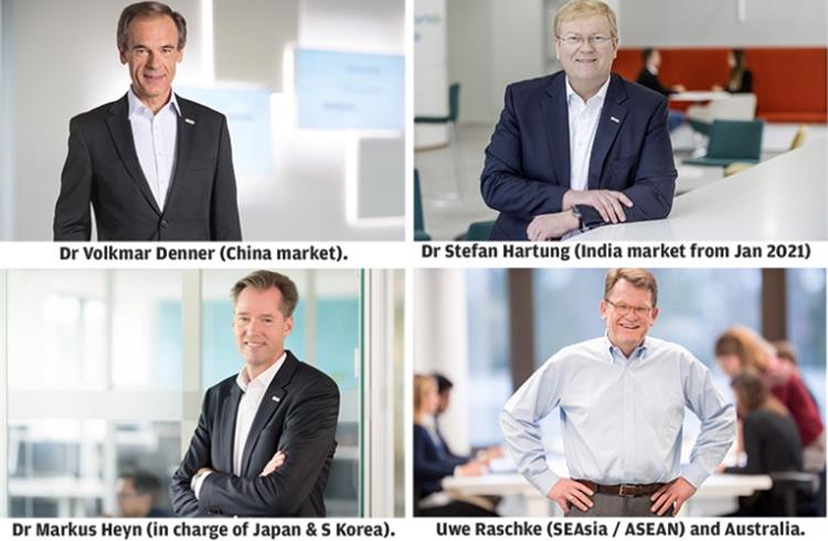 Since 2013, Tyroller has been coordinating operations in APAC. Effective January 1, 2021: Dr. Volkmar Denner will assume responsibility for operations in China, Dr. Stefan Hartung for India, Dr. Markus Heyn for business in Japan and South Korea, while Uwe Raschke will be responsible for Southeast Asia (ASEAN) and Australia.