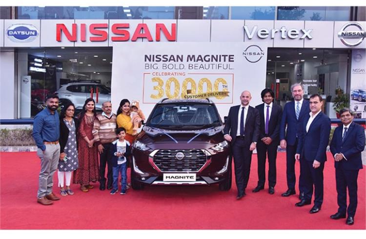 Zero to 30,000 in 11-and-a-half months. Guillaume Cartier, Nissan Chairperson for Africa, Middle East, India, Europe and Oceania region handed over the keys of the 30,000th Magnite to a customer at a dealership in Gurgaon.