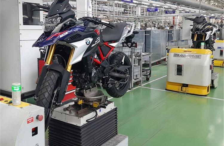 The new BMW 310 GS as it rolls out in Hosur from the assembly line of TVS Motor Co, BMW Motorrad cooperation partner.