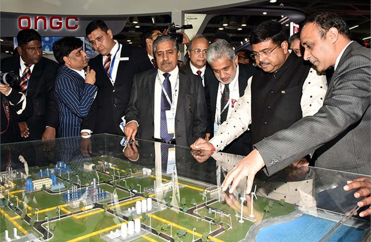 The minister and the dignitaries at one of the 750 exhibitions at Petrotech 2019
