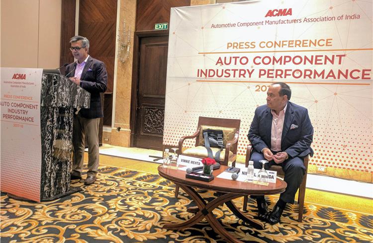 Vinnie Mehta, director-general, ACMA (speaking) and Nirmal K Minda, president, ACMA, at the Indian component industry FY2018 performance review in New Delhi today.