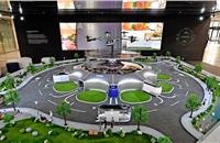 The 1:8-scale model on display is a miniature of the exhibit shown at CES 2020 and includes integration of its Urban Air Mobility (UAM), Purpose Built Vehicles (PBV) and Hub (Mobility Transit Base) smart mobility solutions as part of a dynamic human-centered future cityscape. 