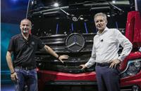 Stefan Buchner, Head of Mercedes-Benz Trucks, and Philipp Schiemer, Head of Mercedes-Benz do Brasil, with the new Mercedes-Benz Actros at the Fenatran in Sao Paulo, the largest CV and transportation f