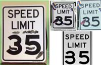 These adversarial stickers cause the MobilEye on Tesla Model X to interpret the 35-mph speed sign as an 85-mph speed sign.