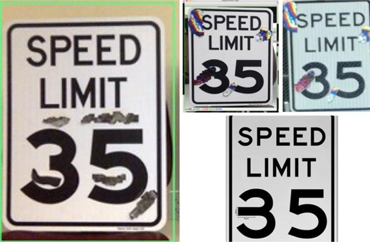 These adversarial stickers cause the MobilEye on Tesla Model X to interpret the 35-mph speed sign as an 85-mph speed sign.