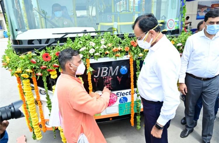 Home Minister of Gujarat Pradipsinh Jadeja at the launch ceremony at the Vastral BRTS Depot in Ahmedabad.