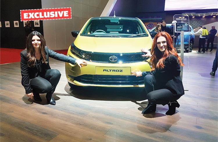 L-R: Andra Gutui and Marcela Sarmasan, founders of naming agency Namzya, with the Tata Altroz at the Geneva Motor Show 2019. 