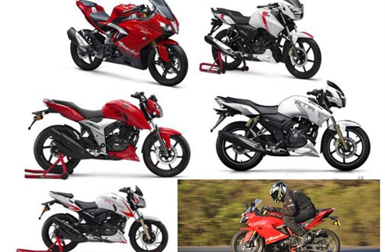The TVS Apache Series, ranging from 160cc to 310cc, spans the naked and supersports categories.