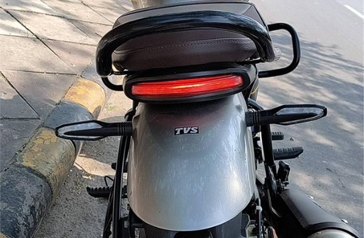 Broad rear fender gives antique touch while LED lights bring contemporary flair.