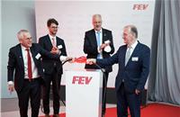 Stefan Pischinger (left), President and CEO FEV Group, and Dr. Reiner Haseloff (right), Prime Minister of Saxony-Anhalt, with eDLP Managing Directors Dr. Christoph Szasz (2nd from left) and Hans-Dieter Sonntag performed the grand opening of the world's largest high-voltage battery development center in Sandersdorf-Brehna, Germany.