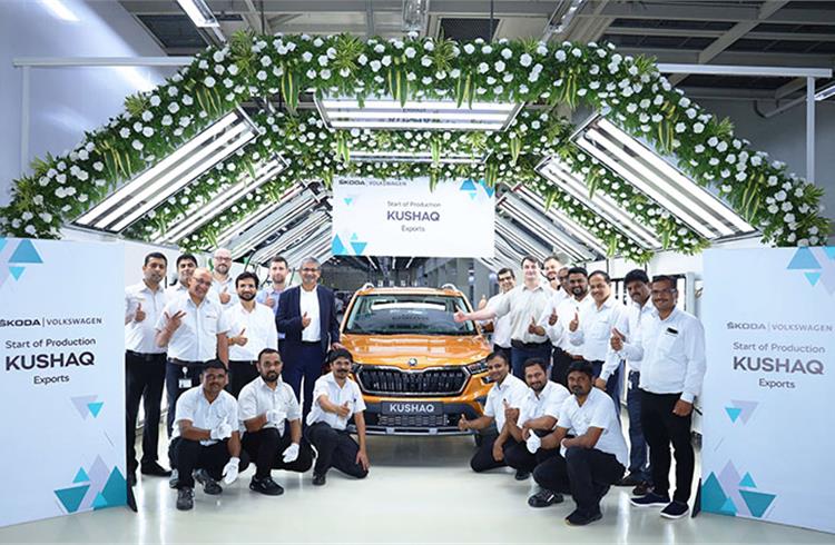 Piyush Arora, Managing Director, Skoda Auto Volkswagen India Pvt Ltd with the left-hand-drive Skoda Kushaq at the Group’s manufacturing facility in Chakan, Pune.