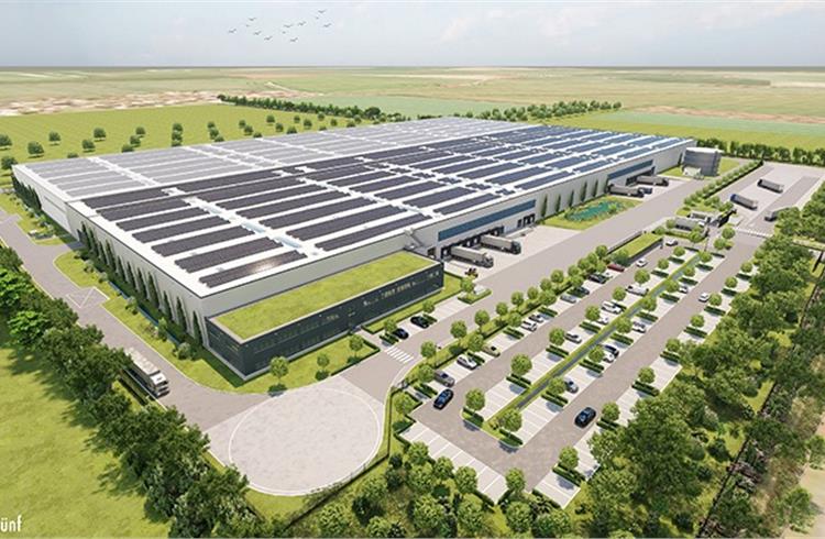 Rendering of the BMW Group's new high-voltage battery logistics centre at the Northern Industrial Estate in Leipzig.