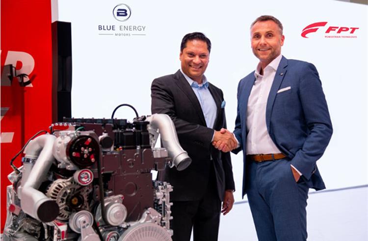 L-R: Anirudh Bhuwalka, CEO, Blue Energy Motors and Sylvain Blaise, President, Powertrain, Iveco Group at IAA Transportation 2022 in Hanover.