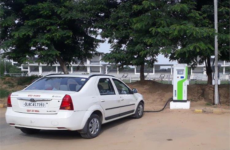Exicom charger and the EV at Tau Devi Lal sports complex in Gurugram, Haryana