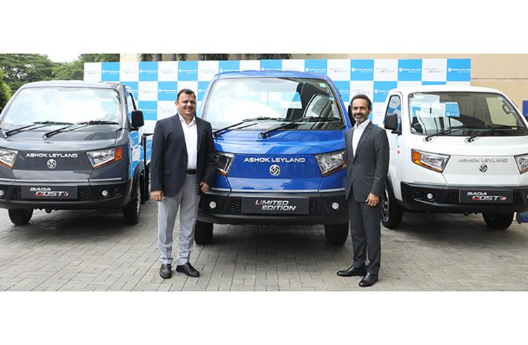 Dheeraj Hinduja, Executive Chairman, Ashok Leyland and Rajat Gupta, Head LCV, Ashok Leyland with the Bada Dost i1, Bada Dost i2 and the Limited Edition Bada Dost.