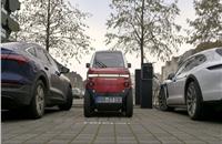 The all-electric two-seat, four-wheel, microcar features proprietary shape-shifting technology that transforms its wheelbase in real-time and on the road to outsmart traffic and fit into tight urban spaces.